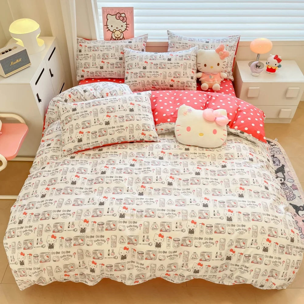 Hello Kitty Cartoon Design Duvet Cover Bedding Set for Kids&