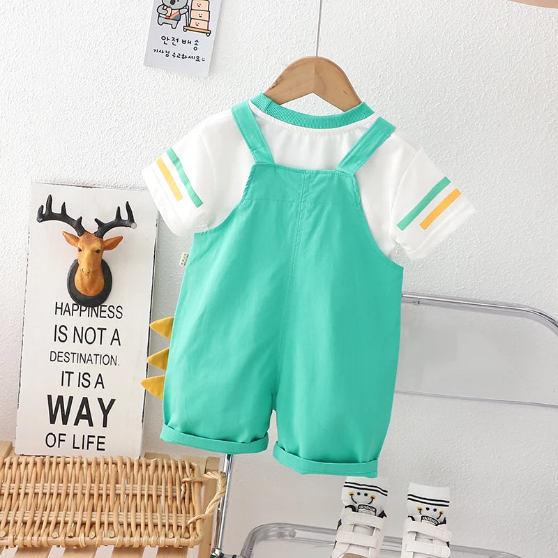 Baby Boys Strips T-Shirt Cartoon Print Denim Bib Pants 2Pcs/Set childrensterritory