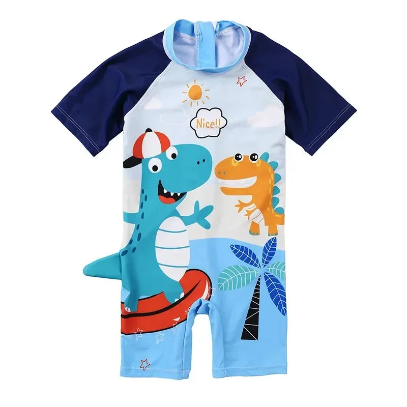 Cartoon Dinosaur Toddler Boy Rash Guard Swimwear with Cap