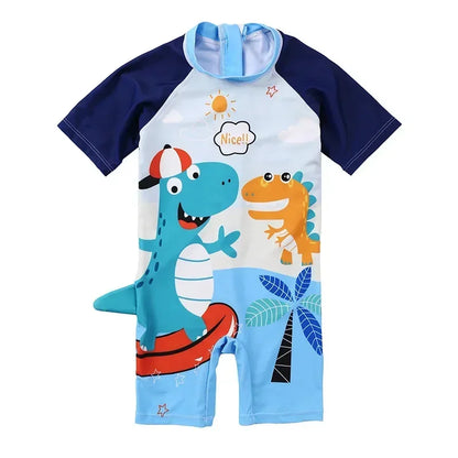 Cartoon Dinosaur Toddler Boy Rash Guard Swimwear with Cap