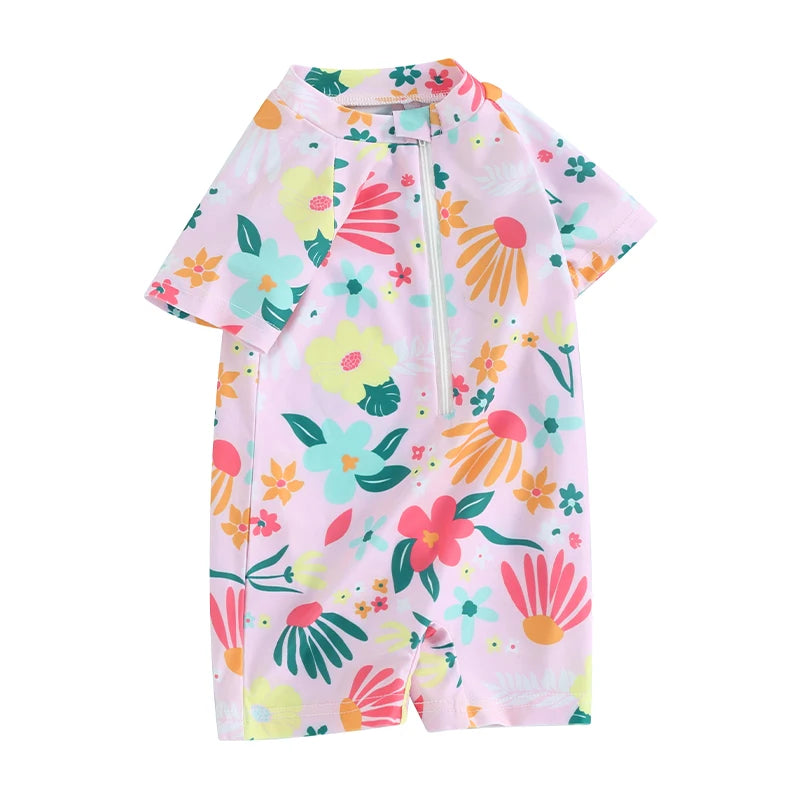 Short Sleeve Floral Print Kids Girls Rash Guard Swimsuit