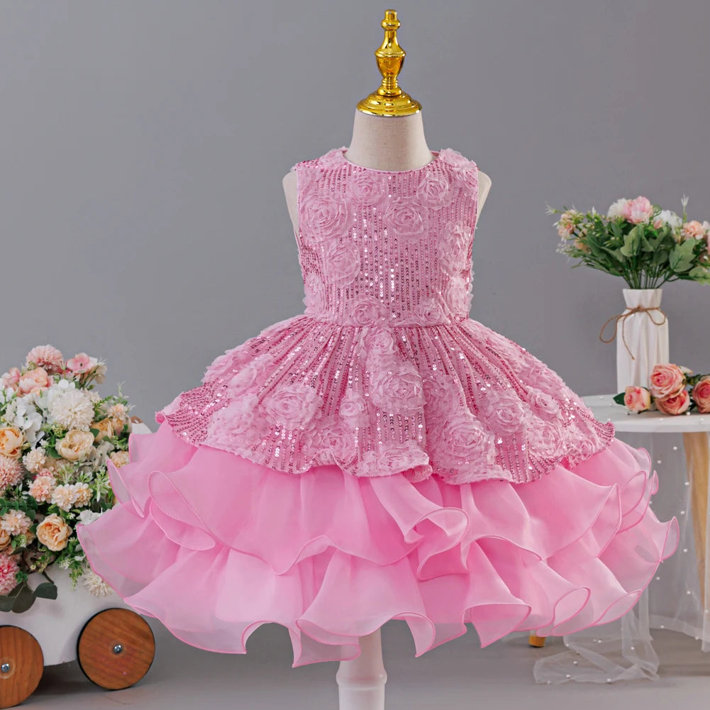 Sleeveless Fluffy Floral Birthday Party Dresses For Girls
