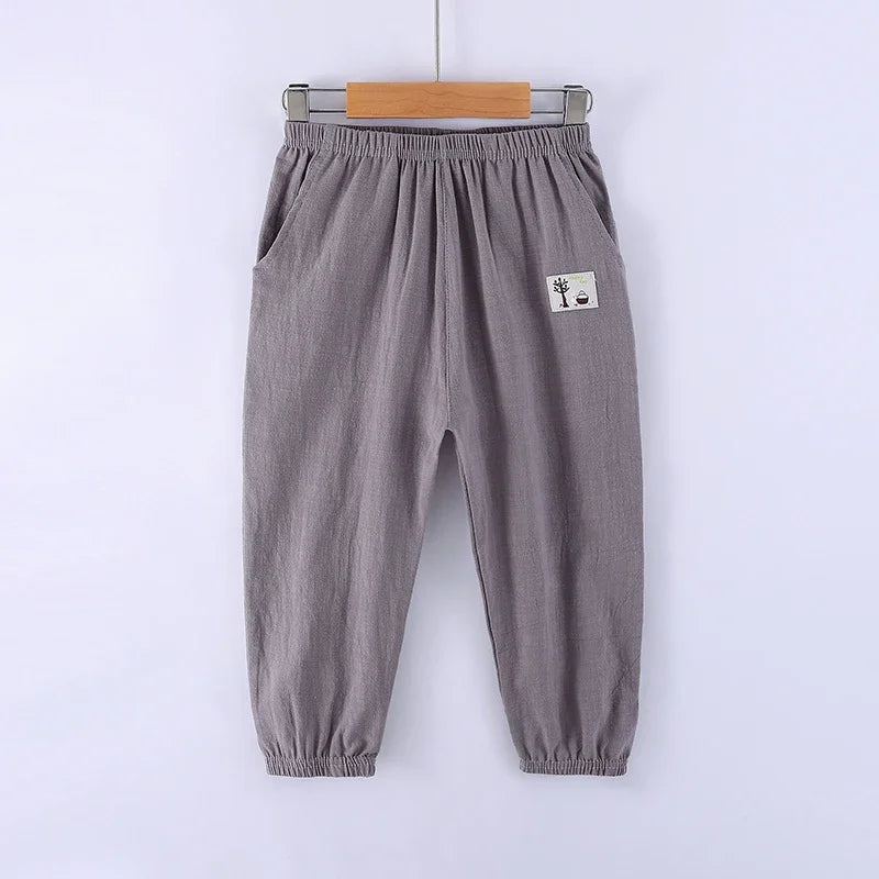 Elastic Waist Solid Color Children Cotton Trousers For Boys Girls