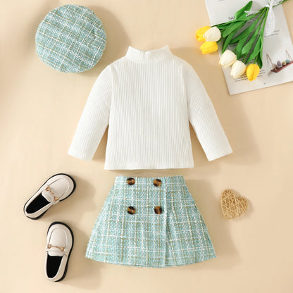 Baby Girls Knit Long Tops and Plaid Skrits with Hat Outfits childrensterritory