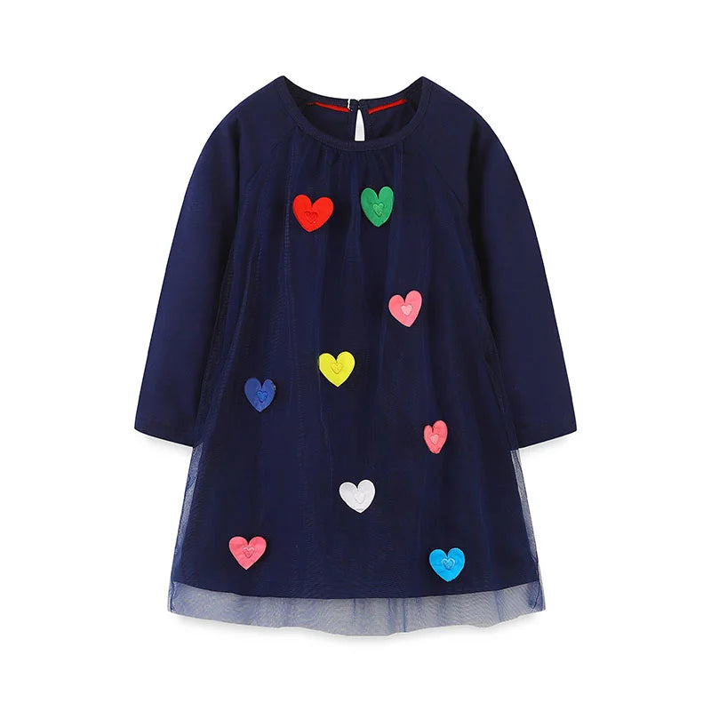 Kids Girls Hearts Applique Long Sleeves Party Dresses childrensterritory