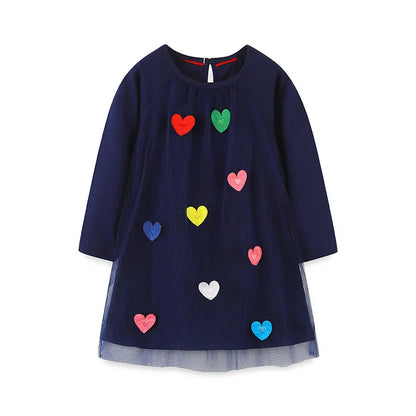 Kids Girls Hearts Applique Long Sleeves Party Dresses childrensterritory
