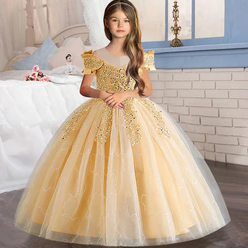 Luxury Sequins Design Long Bridesmaid Princess Dresses For Kids