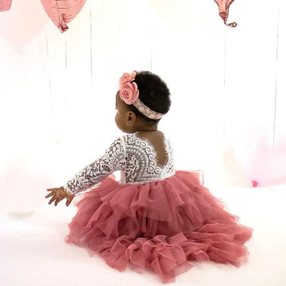 Kids Girls Lace Flower Design Layered Birthday Party Dress