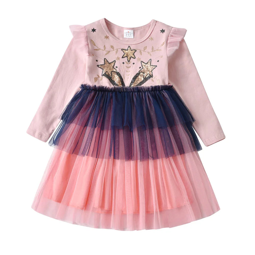 Cartoon Print Long Sleeve Girls Sequined Princess Dresses childrensterritory