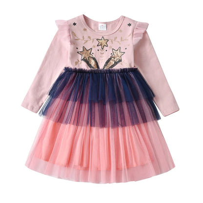 Cartoon Print Long Sleeve Girls Sequined Princess Dresses childrensterritory