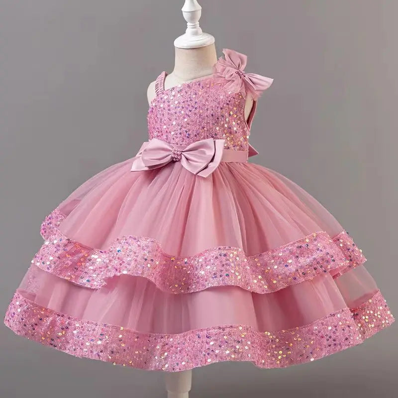 Kids Girls Sequins and Bow Design Birthday Party Flower Dresses