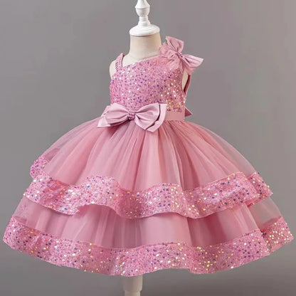 Kids Girls Sequins and Bow Design Birthday Party Flower Dresses