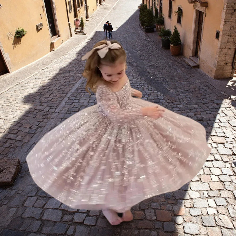 A-Line Glitter Sequined Little Girls Princess Party Dress
