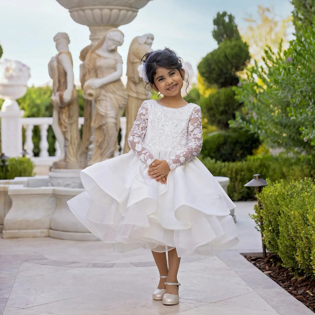 Fluffy Satin Long Sleeves Wedding Dress With Bow for Girls childrensterritory