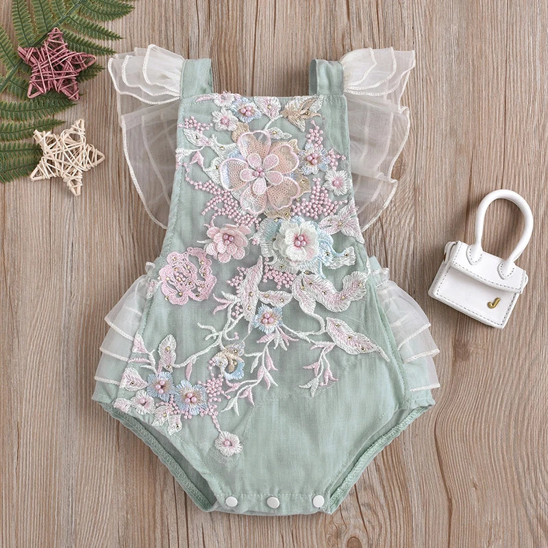 Baby Girls Cute Flower Lace Design Sleeveless Rompers
