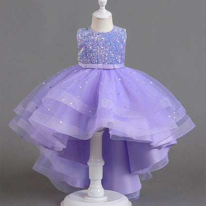 Sleeveless Sequins Design Kids Girls Party Trailing Dresses