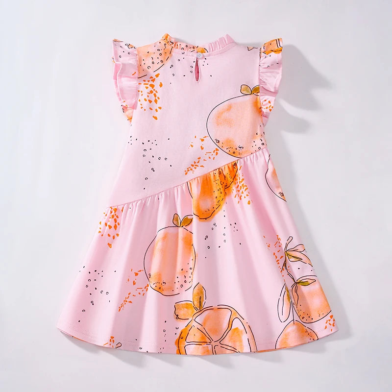 Girls Sleeveless Orange Lotus Leaf Print Summer Dresses childrensterritory