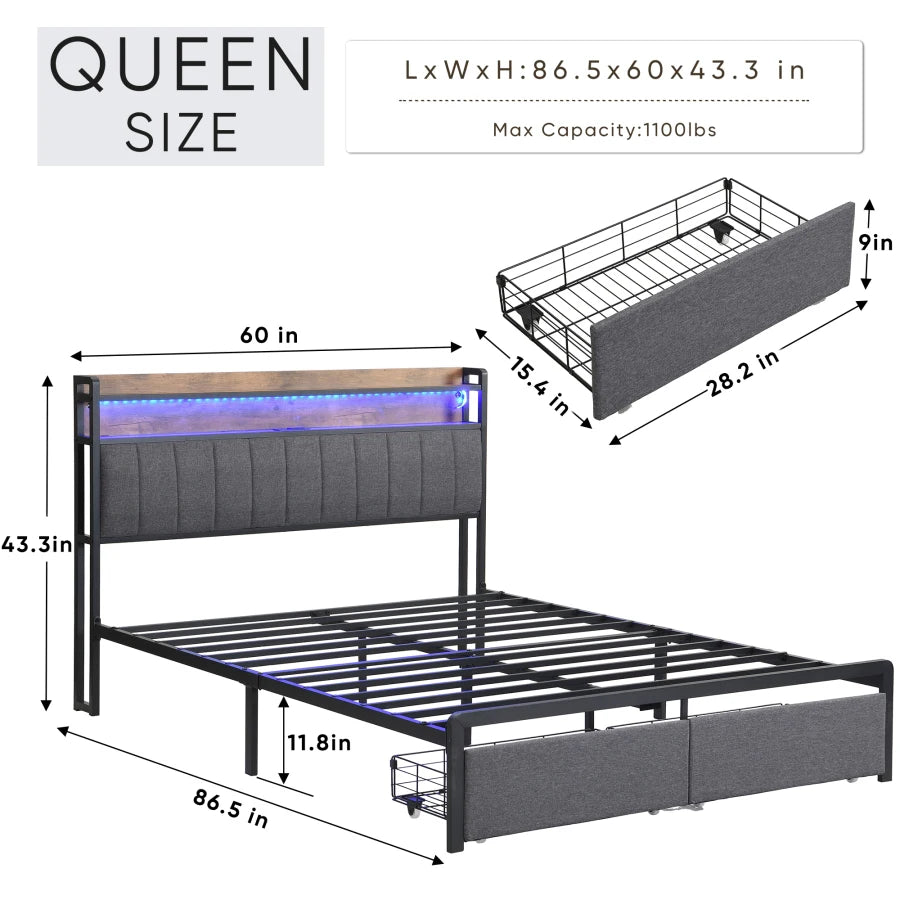 LED Upholstered Bed Frame with Charging Station and Drawers childrensterritory