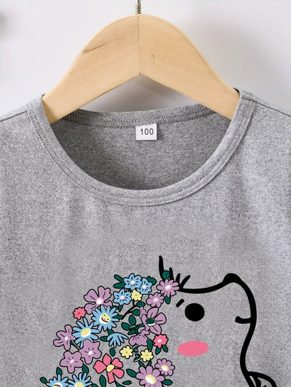 Short Sleeves Crew Neck Flower Printed T-Shirts For Girls childrensterritory