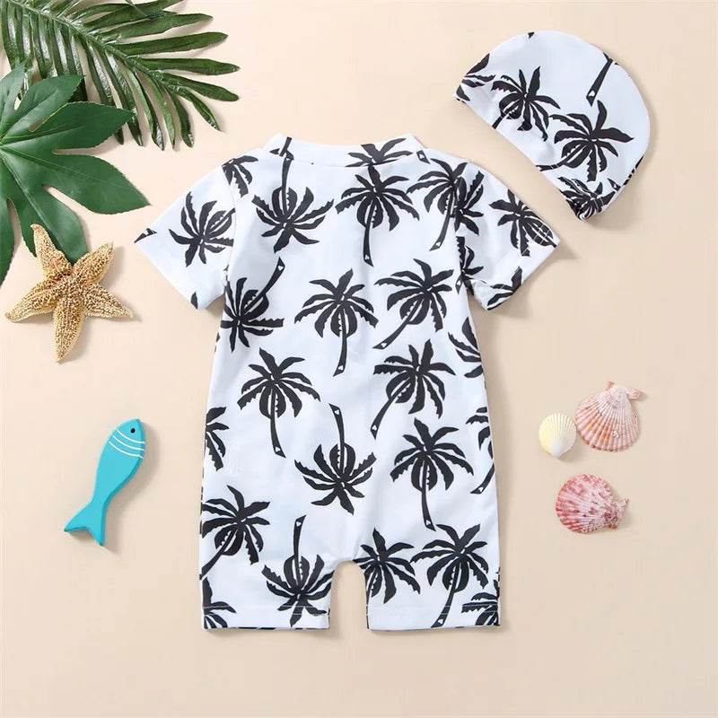 Tropical Tree Print Toddler Girls Boys Zipper Swimwear