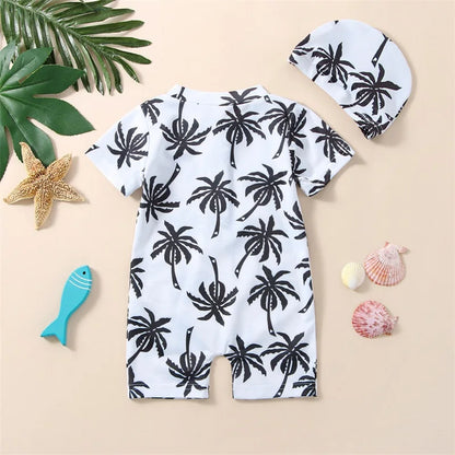 Tropical Tree Print Toddler Girls Boys Zipper Swimwear