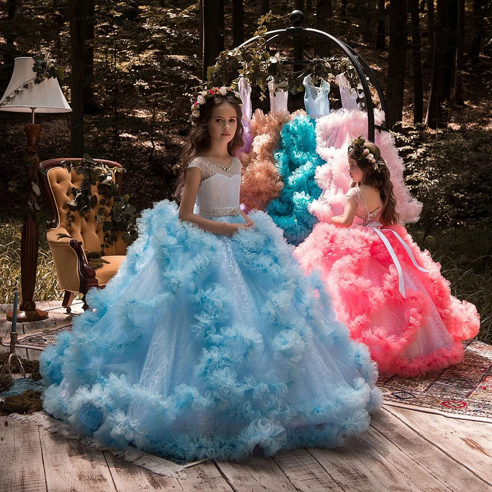 Puffy Layered Tulle Lace Appliques Girls Party Dresses