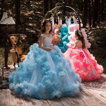 Puffy Layered Tulle Lace Appliques Girls Party Dresses