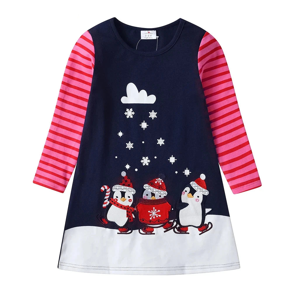 Girls Casual Printed Penguin Snowflakes Christmas Dress childrensterritory