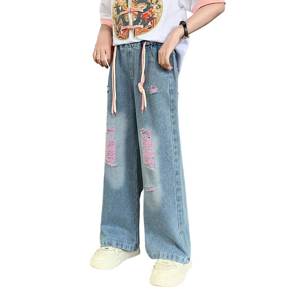 Casual Style Girls Big Hole Ripped Jeans for Spring Autumn childrensterritory
