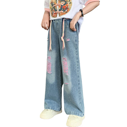Casual Style Girls Big Hole Ripped Jeans for Spring Autumn childrensterritory
