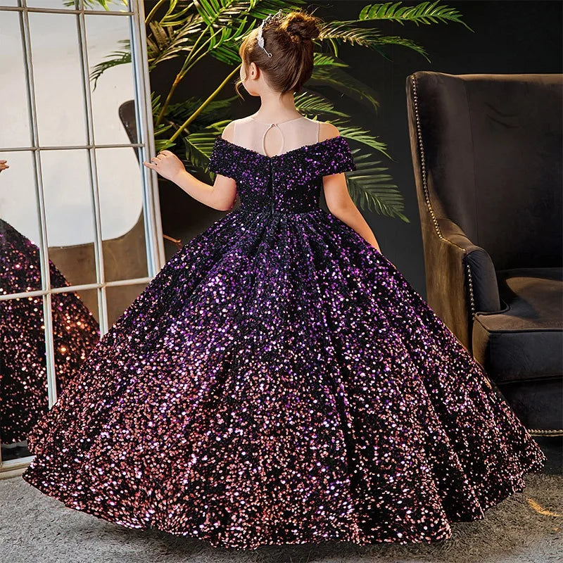 dark purple sequin dress Little Girl Deep Purple Sequin Luxury Gowns/Party Dresses – Children's Territory a Unit of VIC&SI LLC