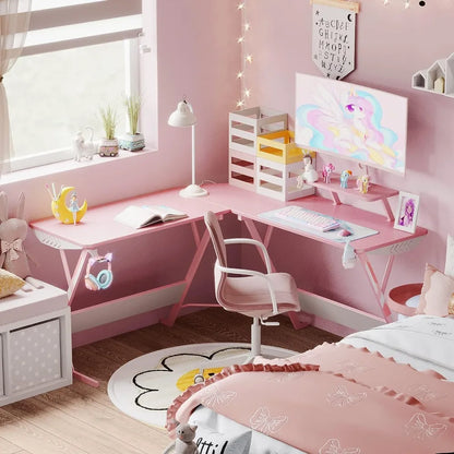 Gamer Desk with Headphone Hook, Cup Holder, and Monitor Stand childrensterritory