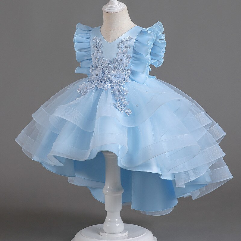 Lace Flower Embroidery Fluffy Mesh Trailing Girls Party Dresses childrensterritory
