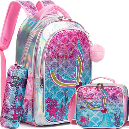 Sequin Mermaid Design Backpack with Lunch Box Set for Kids childrensterritory