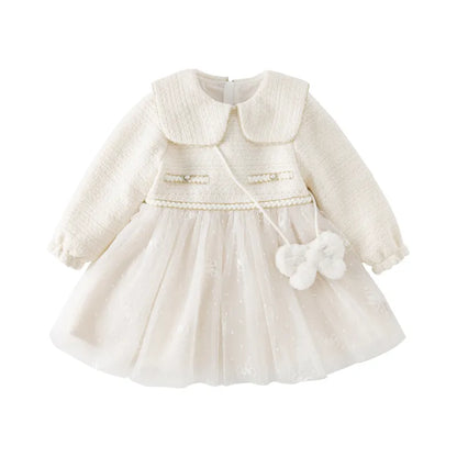 Kids Girls Elegant Warm Princess Party Dress with Small Bag childrensterritory