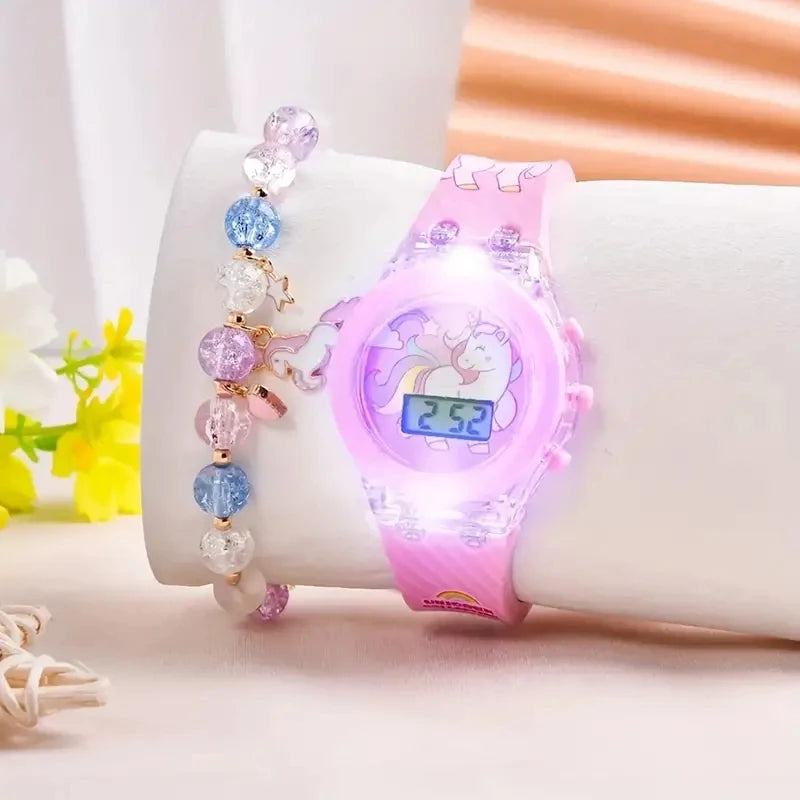 Girls' Butterfly Design Luminous Watch + Beaded Bracelet Set