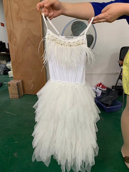 Kids Girls Elegant Feather Tassels Wedding Party Dresses childrensterritory