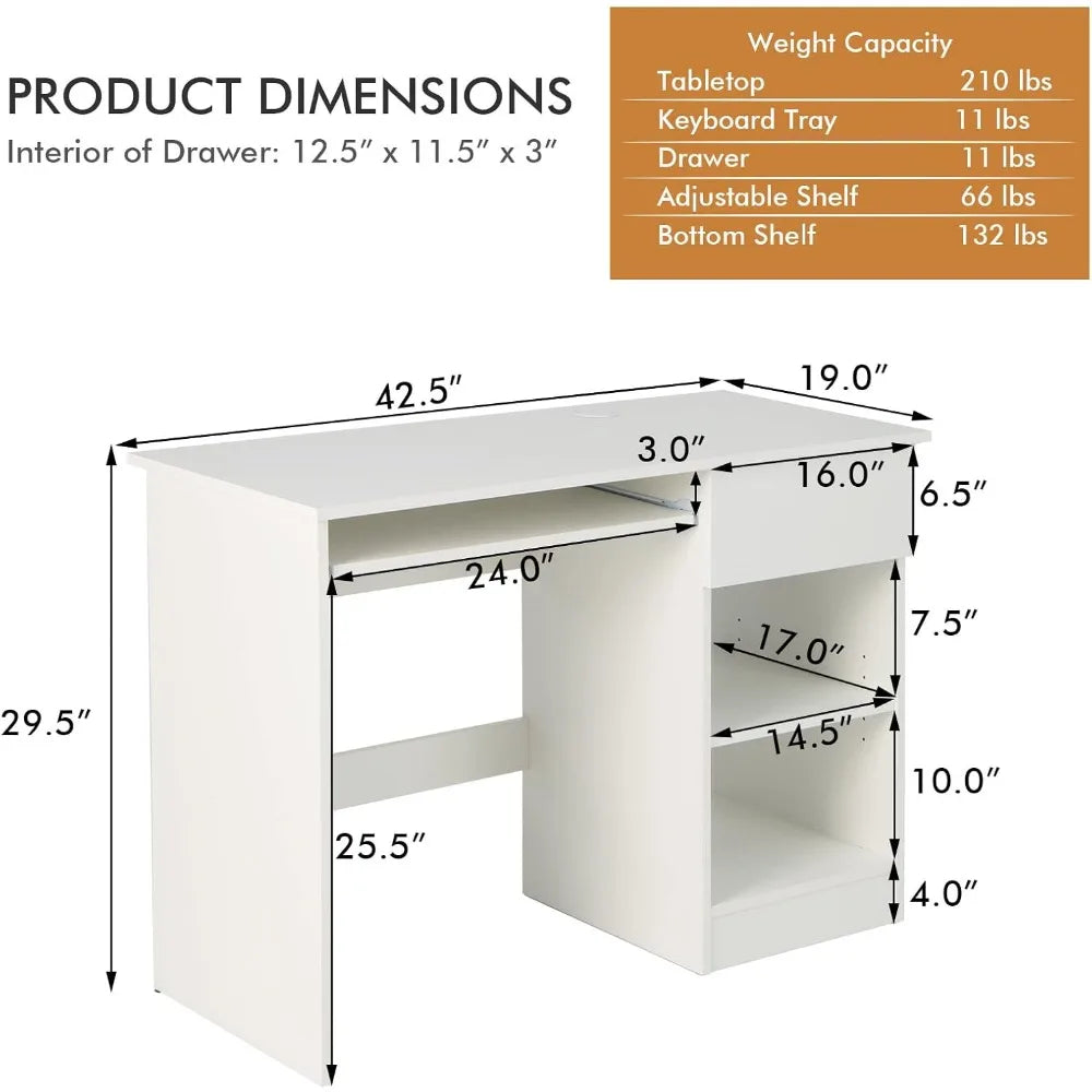 Adjustable Wooden White Computer Desk with Drawers