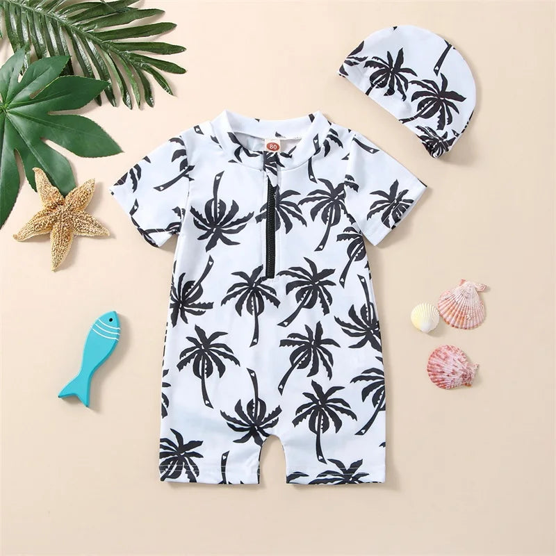 Tropical Tree Print Toddler Girls Boys Zipper Swimwear
