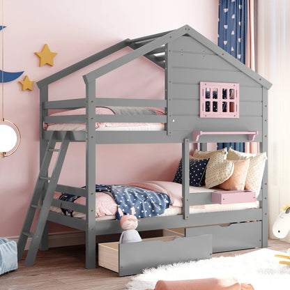 Hut Design Twin over Twin Bunk Bed with Window and Two Drawers childrensterritory