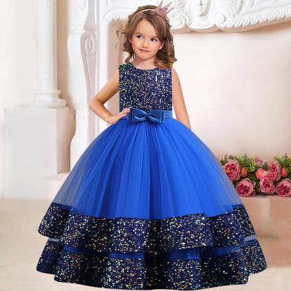 Sequins Bowknot Design Long Princess Dresses for Girls childrensterritory
