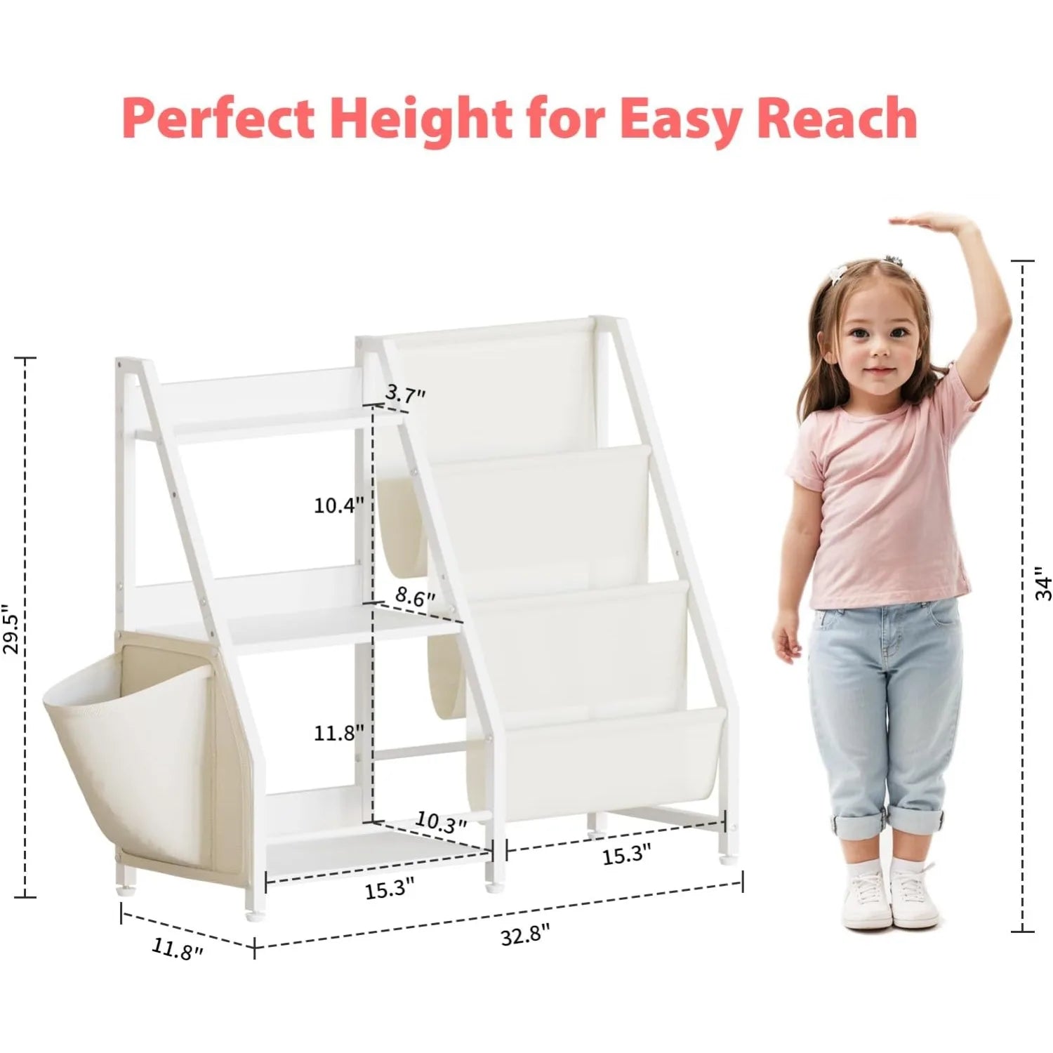 Kids 3-Tier Book Sling Shelf and Toy Storage Organizer