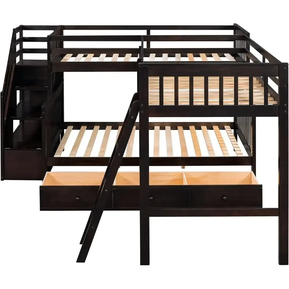 L-shaped Full Bunk Bed with Three Drawers and a Staircase