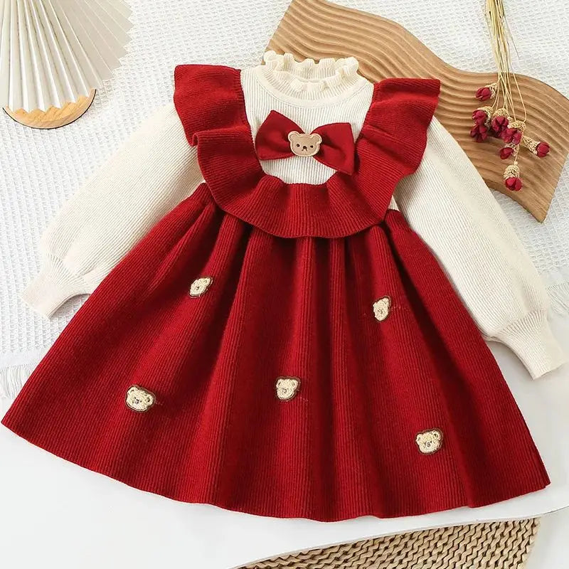 Girls’ Elegant Bow Design Long-Sleeve Warm Dresses childrensterritory