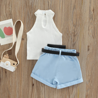 Little Girl Three-Piece Sleeveless Top + Belted Short Pants Outfit childrensterritory