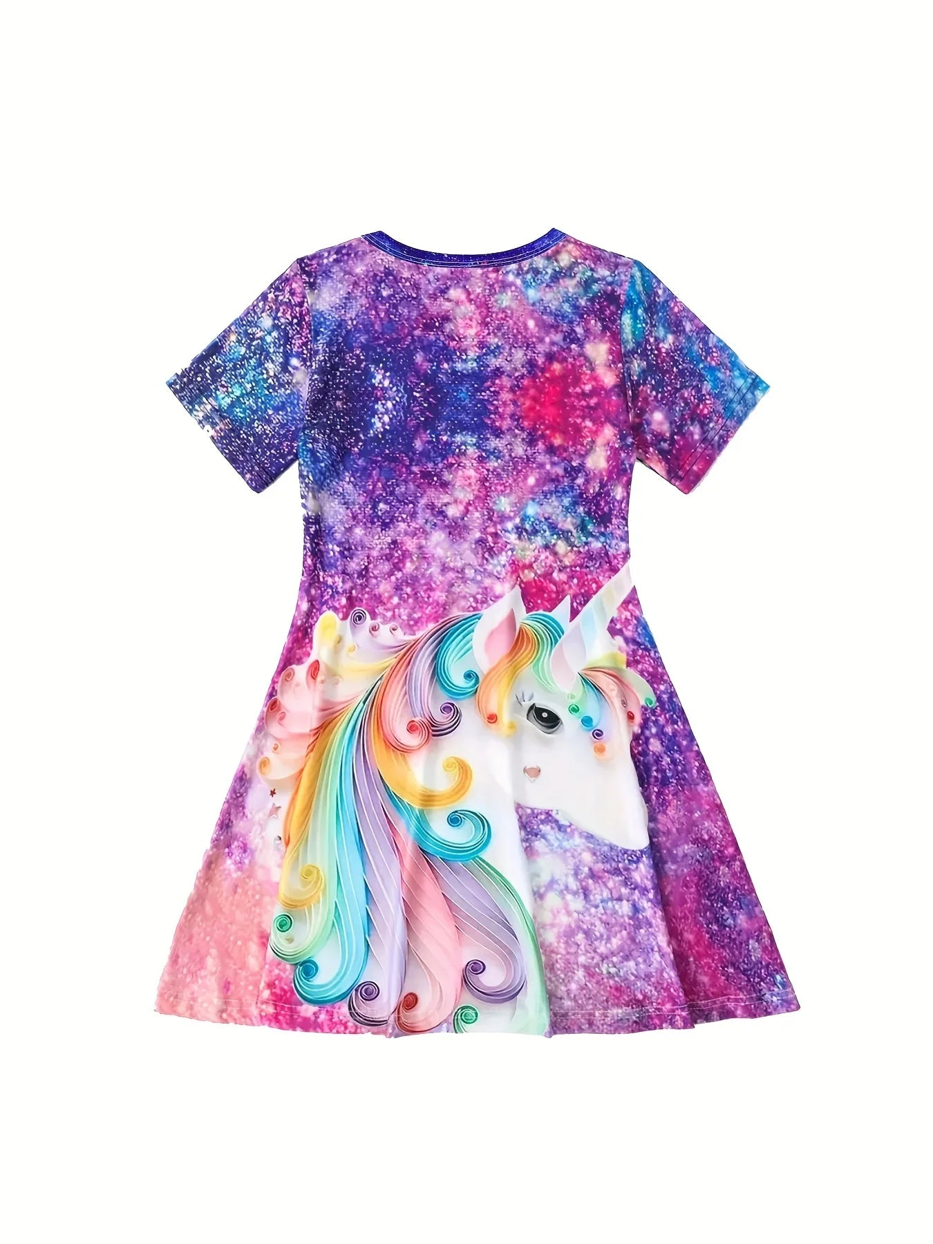 Girls' Casual Dress with Starry Unicorn Digital Print