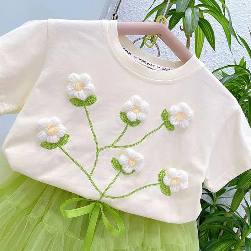 Three-Dimensional Floral Print Summer Clothes Set for Little Girls childrensterritory