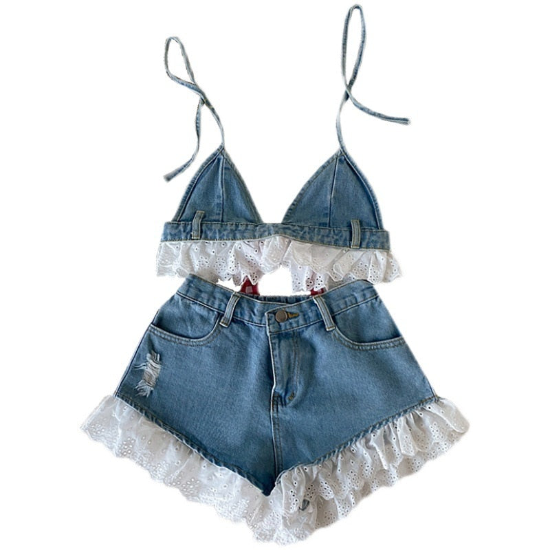 Denim Crop Top + Shorts Summer Clothing Set for 3-16years Girls childrensterritory