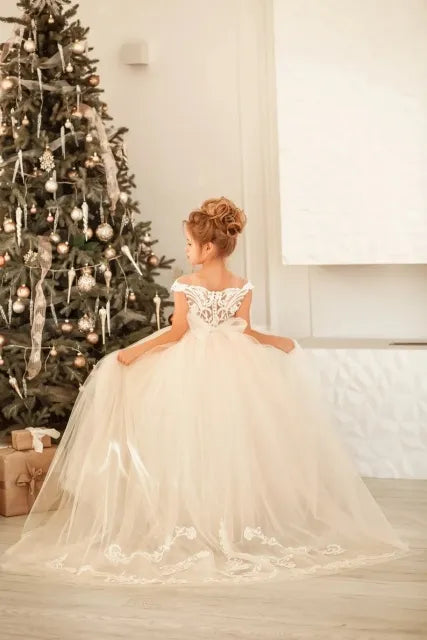 Kids Girl Long Train Floor Length Princess Ball Gown With Bow childrensterritory