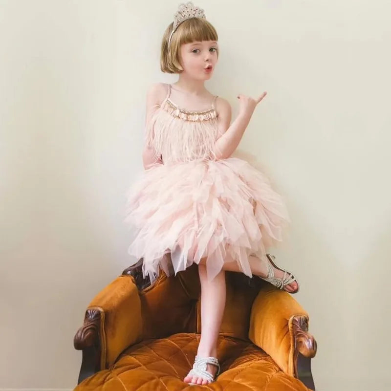 Kids Girls Elegant Feather Tassels Wedding Party Dresses childrensterritory